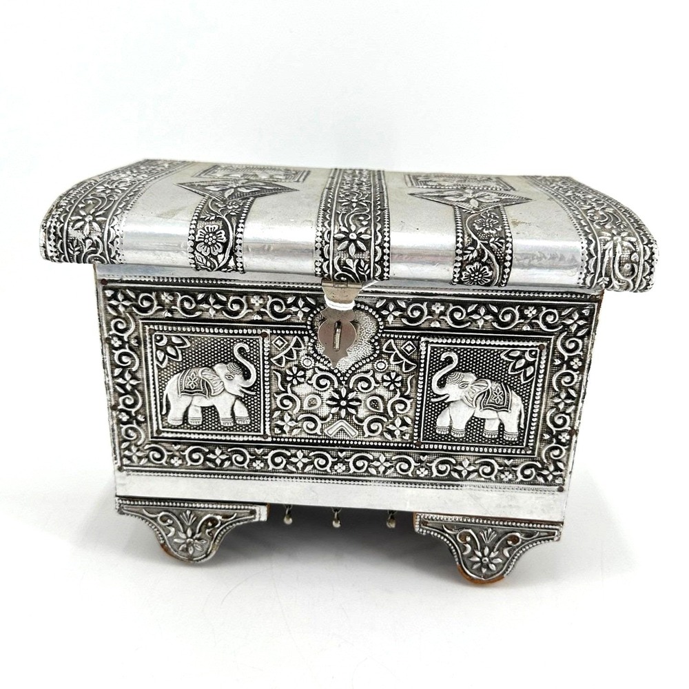 Vintage Boho Elephant Jewelry Box Silver Tone Trinket Chest Eclectic Decor